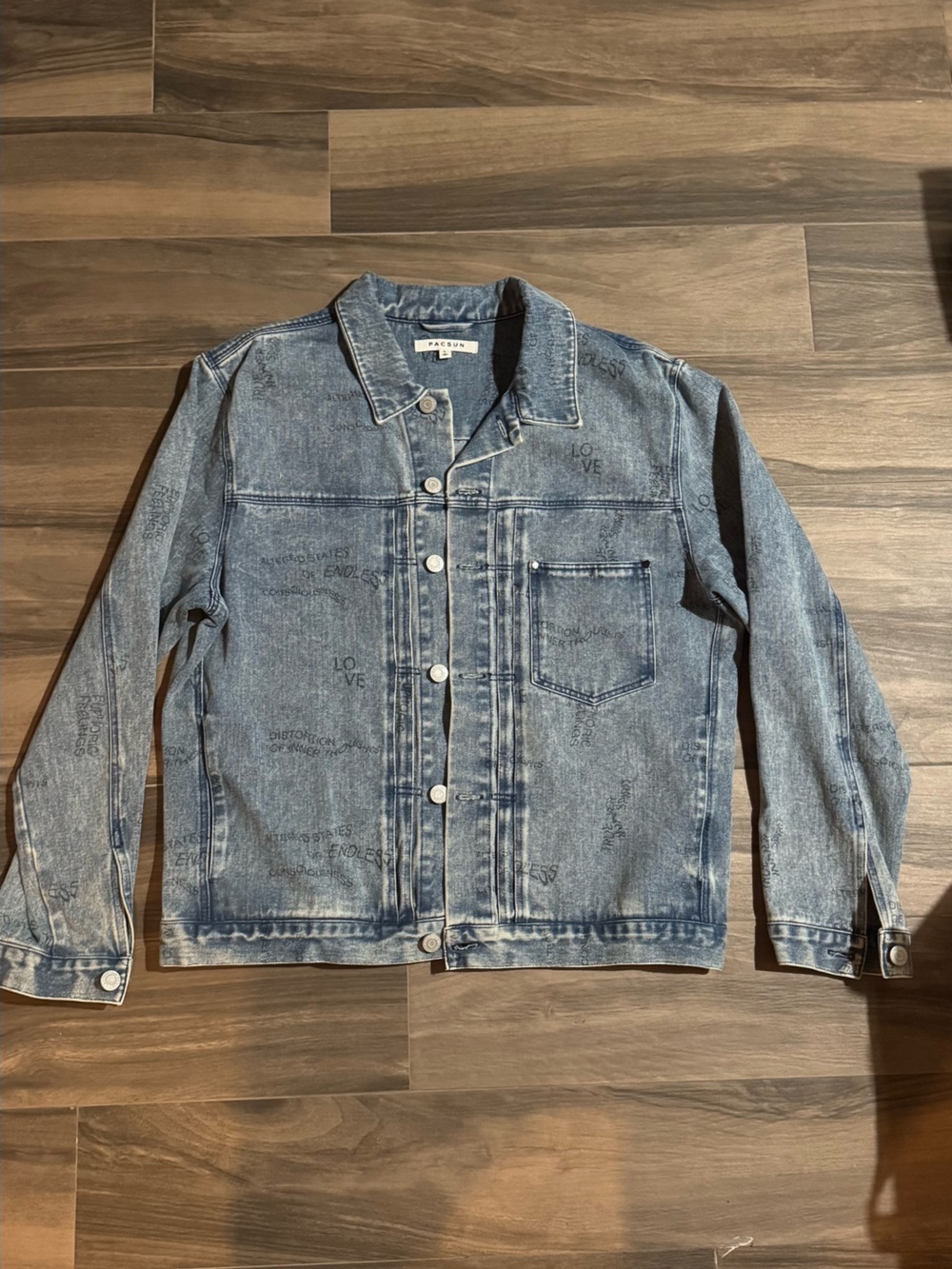 PacSun Light Blue Denim Shirt Jacket with Subtle Text Print